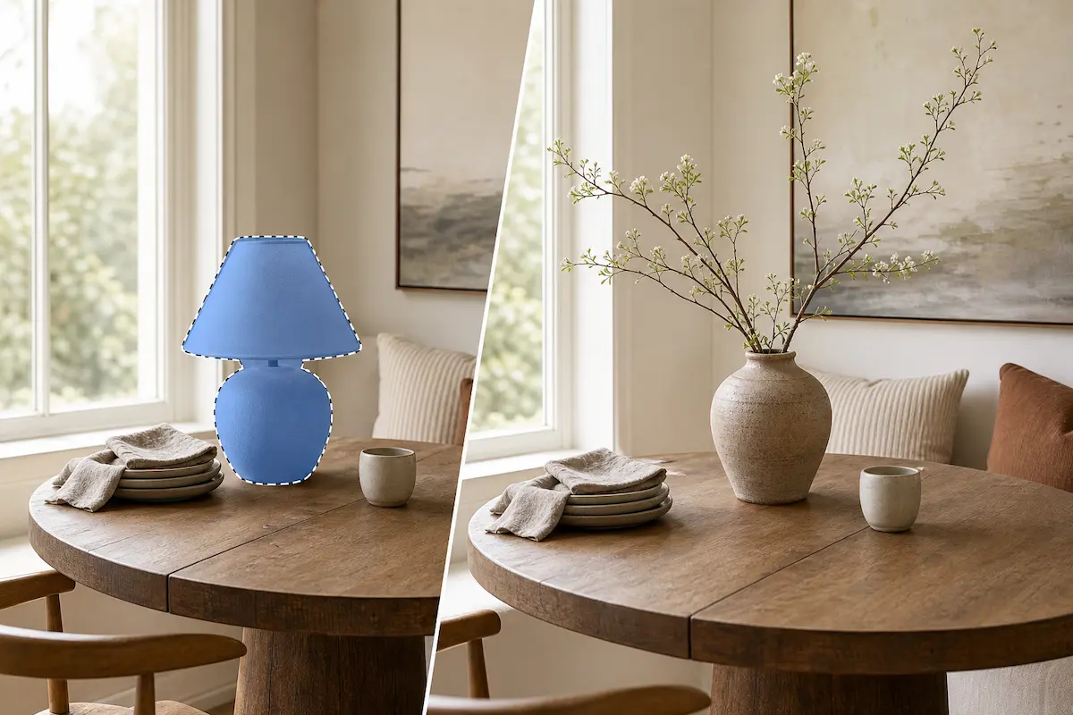 Generative Fill replacing a selected lamp with a vase of branches