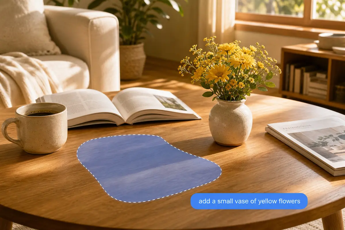 Selected table area with a prompt to add a small vase of yellow flowers