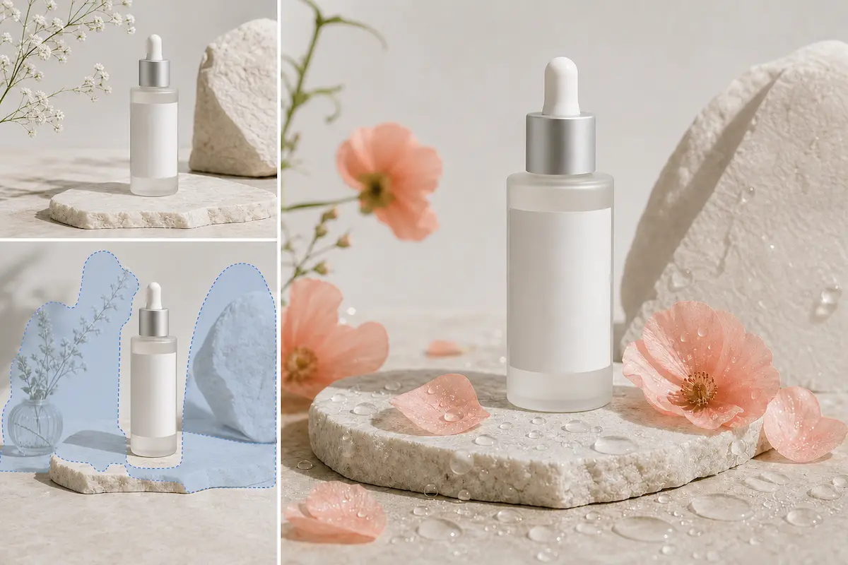 Skincare product image before and after a Generative Fill styling edit