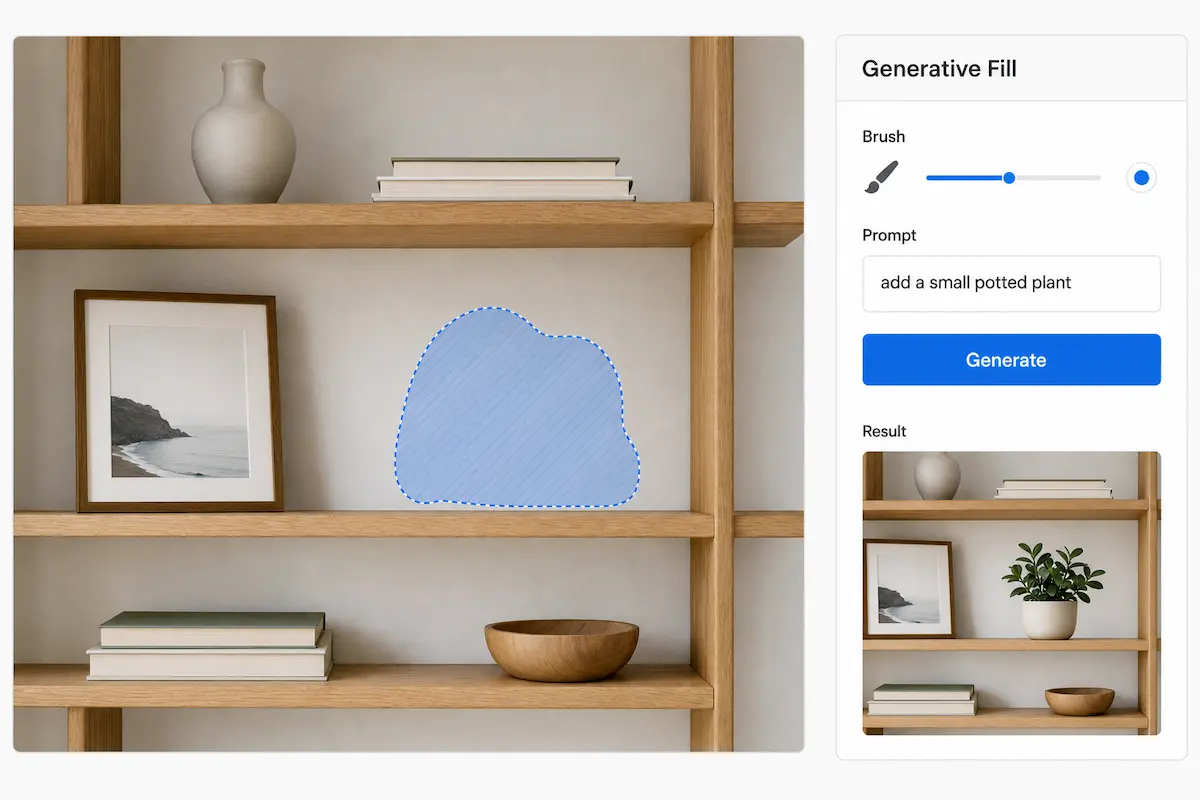 Generative Fill editor with brush selection, prompt, and generated plant result